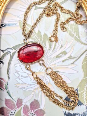 Vintage 1970's Sarah Coventry Faux Amber Pendant Multi-Strand Swag Necklace
